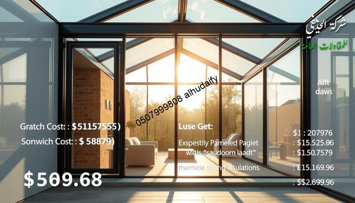 A sleek, modern glass room showcasing the cost and pricing details of its construction. The structure features contemporary sandwich panel walls and ceilings, expertly engineered to provide thermal and sound insulation. Sunlight filters through the transparent glass, creating a warm, inviting ambiance. The smooth, clean lines of the architecture are highlighted by precise camera angles, emphasizing the sophisticated, cost-effective design. Detailed cost breakdowns and estimates are displayed subtly, providing the viewer with a clear understanding of the financial considerations for this elegant, outdoor living space.