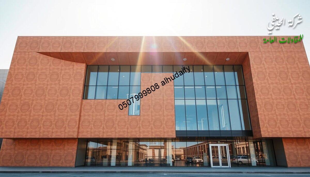 A sleek, modern sandwich panel building with clean lines and a glass front, situated in the bustling city of Dammam. The exterior features intricately textured insulated panels in a warm, earthy tone, seamlessly blending function and form. Sunlight streams through the large windows, creating a bright and inviting atmosphere. The structure stands as a testament to the innovative use of materials in contemporary construction, showcasing the versatility and durability of sandwich panels in the creation of efficient, visually striking architectural spaces.