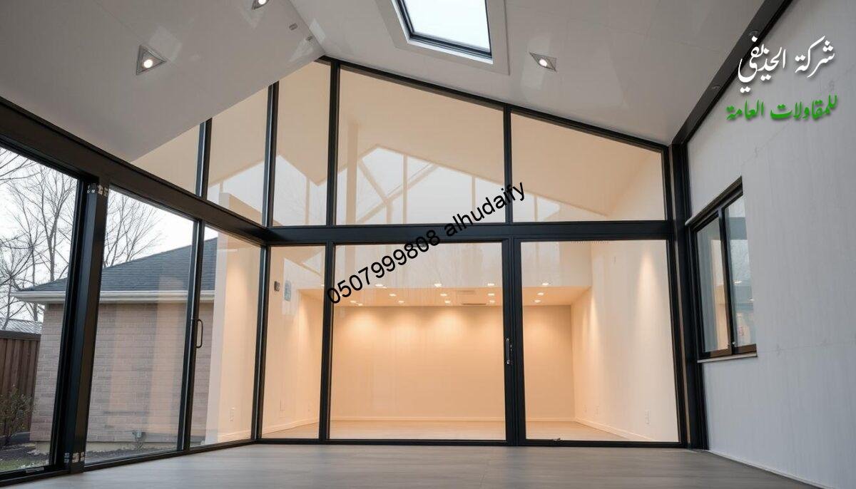 A sophisticated engineering design, featuring a modern exterior glass room addition with insulated sandwich panel walls and ceilings. The structure blends seamlessly with the surrounding architecture, showcasing meticulous craftsmanship and attention to detail. Soft, diffused lighting illuminates the interior, creating a warm, inviting ambiance. Precisely engineered joints and supports ensure structural integrity, while the clean, minimalist aesthetic elevates the space. This image encapsulates the expertise and quality workmanship that define the company's construction projects.