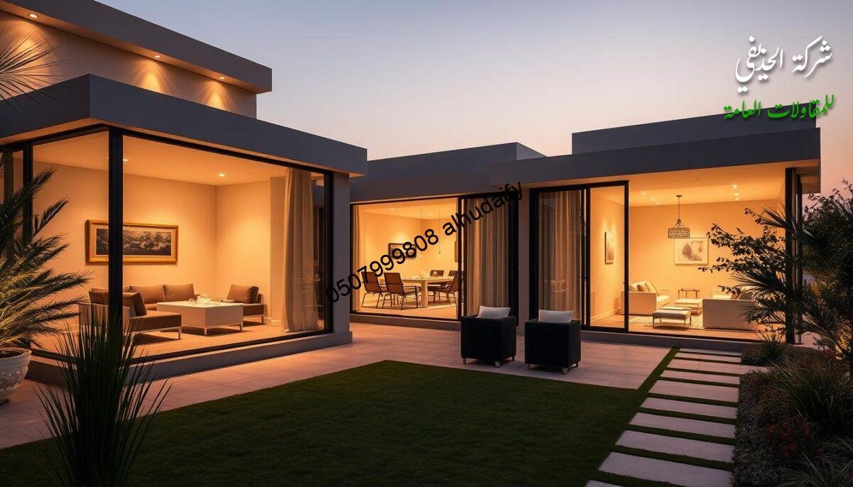 A sophisticated exterior sanctuary, featuring sleek glass-enclosed living spaces with thermally-insulated sandwich panel walls and ceilings, nestled within a contemporary Saudi Arabian setting. Soft, diffused lighting illuminates the elegant structures, casting warm reflections upon the carefully manicured landscaping. Precise construction details and premium building materials convey a sense of luxurious craftsmanship, inviting viewers to envision the cost and quality of this bespoke outdoor extension project.