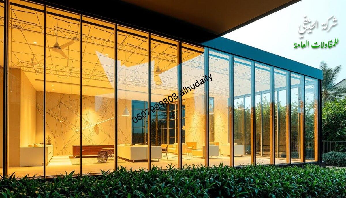 A sophisticated glass and aluminum structure showcasing the architectural prowess of Al-Hudhayfi Company. Sleek, contemporary panels seamlessly blend indoors and out, creating a luminous, temperature-regulated oasis. Intricate geometries and precise engineering harmonize in a visually striking, yet functional design. Warm, diffused lighting accentuates the crystalline facade, casting dynamic shadows that dance across the polished surfaces. Situated against a backdrop of verdant greenery, this bespoke glass annexe embodies the pinnacle of modern, high-performance construction techniques. A testament to the company's innovative spirit and commitment to excellence.