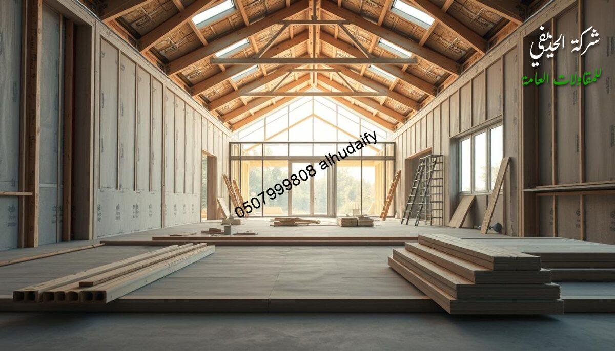 A spacious and meticulously crafted interior renovation unfolds, showcasing the expertise of a skilled contractor. In the foreground, intricate details of the building process emerge - precise measurements, carefully selected materials, and the artful assembly of insulated sandwich panels. The middle ground reveals the construction of modern glass-enclosed spaces, allowing natural light to flood the scene. In the background, the seamless integration of the new annexes with the existing architecture creates a harmonious blend of old and new. Soft, warm lighting accentuates the clean lines and attention to craftsmanship, conveying a sense of elegance and quality that permeates every step of the meticulous execution.