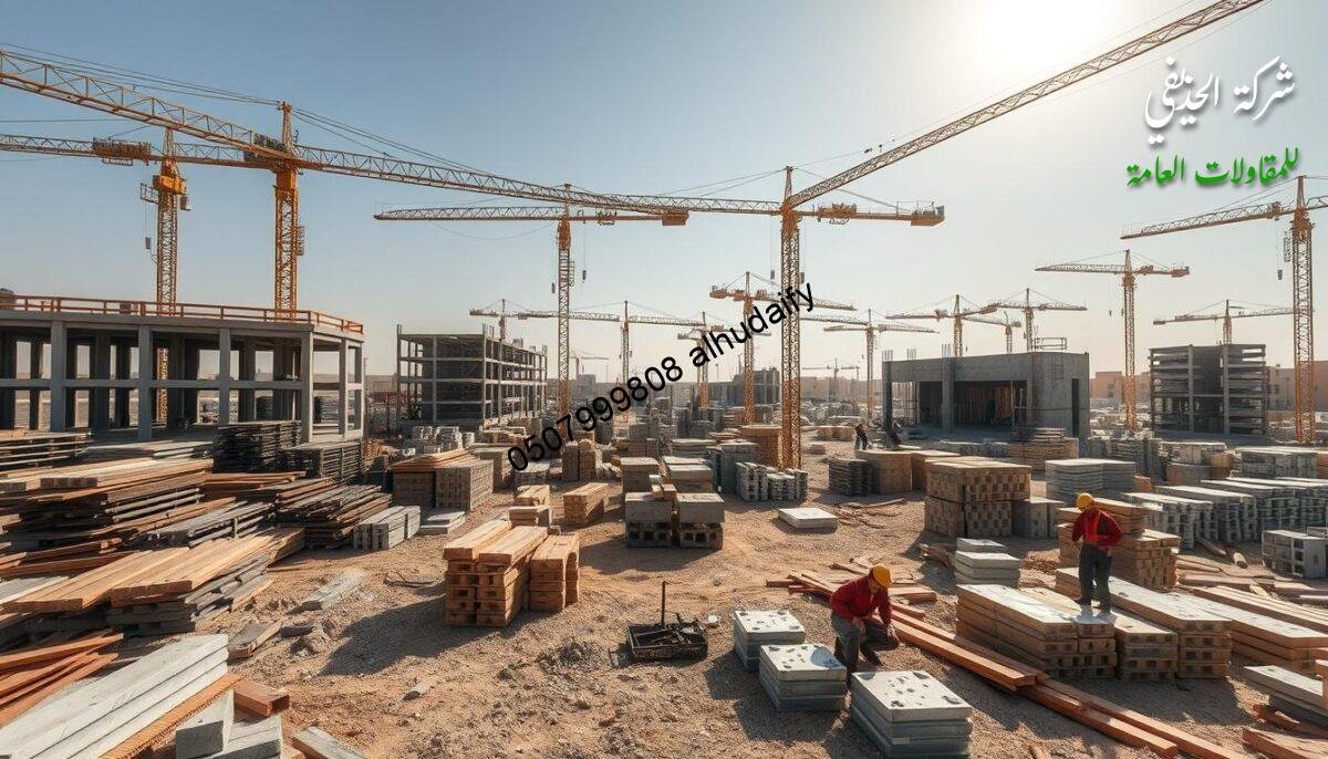 A spacious construction site in Dammam, Saudi Arabia. Piles of steel beams, concrete blocks, and insulated sandwich panels lie ready for assembly. Cranes loom overhead, casting dramatic shadows as sunlight filters through. In the foreground, workers meticulously measure and cut materials, their movements choreographed with precision. The scene conveys a sense of organized chaos, the hum of progress mingling with the scent of fresh mortar. Envisioning the transformation, the prompt captures the essence of "تكاليف البناء" - the costs and complexities of revitalizing historic villas with modern, energy-efficient additions.