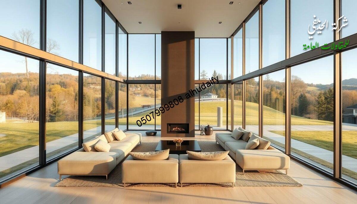 A spacious, modern glass-walled living room with a sleek, minimalist design. The room is bathed in warm, natural lighting, with large floor-to-ceiling windows offering panoramic views of the surrounding landscape. The glass walls create a seamless transition between the indoor and outdoor spaces, giving a sense of openness and connection to nature. The room features a comfortable seating area with plush, contemporary furniture, arranged in a way that encourages conversation and relaxation. The space is further enhanced by the use of high-quality, insulated sandwich panel walls and ceilings, ensuring energy efficiency and thermal comfort. The overall atmosphere is one of elegance, sophistication, and a harmonious blend of indoor and outdoor elements.