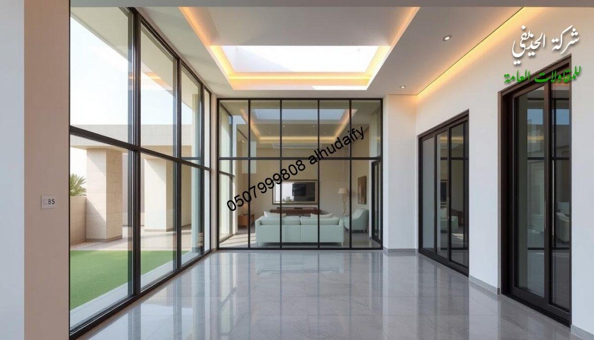 A spacious, well-insulated villa in Dammam, featuring modern architectural elements. The exterior showcases a seamless blend of glass and sleek, thermally efficient sandwich panels, seamlessly integrated into the building's design. Soft, diffused natural light filters through the glazed areas, highlighting the thermal barrier's effectiveness. The roofing system incorporates the same high-performance insulation, ensuring a comfortable and energy-efficient living environment. The scene conveys a sense of quality, attention to detail, and a harmonious integration of form and function, reflecting the section's focus on insulation systems and quality craftsmanship.