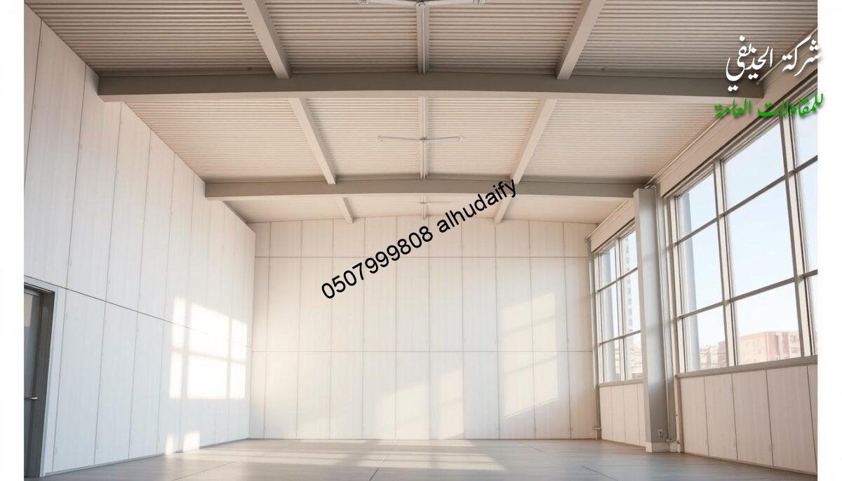 A spacious, well-lit room featuring an insulated sandwich panel wall and ceiling system. The panels have a sleek, minimalist design, with clean lines and a neutral color palette that blends seamlessly with the modern architectural style. The lighting is soft and diffused, creating a warm, inviting atmosphere. The room is filled with natural light streaming in through large windows, casting a gentle glow on the insulation materials. The overall scene conveys a sense of comfort, efficiency, and high-quality craftsmanship, perfectly suited for the "أنظمة العزل والجودة" section of the article.