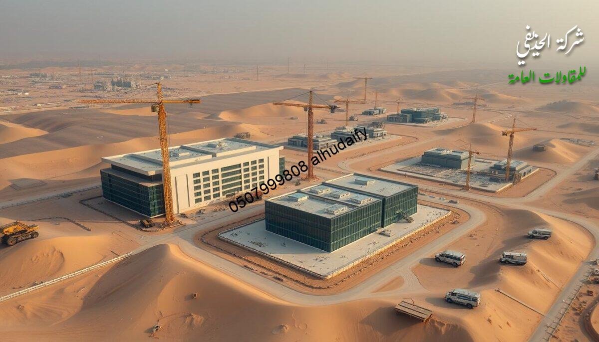 A sprawling aerial view of the eastern region of Saudi Arabia, showcasing the bustling infrastructure projects undertaken by a skilled infrastructure contractor. The scene depicts vast construction sites dotting the landscape, with towering modern annexes and glass-walled rooms emerging from the sandy terrain. Insulated sandwich panel walls and roofs, gleaming under the warm Arabian sun, create a harmonious blend of functionality and architectural elegance. Cranes and machinery dot the horizon, symbolizing the efficiency and professionalism of the contractor's operations. The image conveys a sense of progress and development, reflecting the contractor's commitment to delivering safe and innovative infrastructure solutions to the communities they serve.