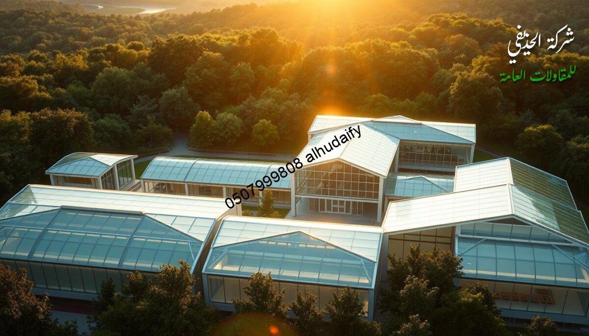A sprawling architectural complex with sleek, modern annexes and glass-enclosed rooms. The walls and roofs are constructed with insulated sandwich panels, creating a seamless, energy-efficient envelope. The lighting is soft and diffused, casting a warm, inviting glow. The scene is set against a backdrop of lush greenery, with the sun's rays filtering through the glass surfaces. The overall atmosphere exudes a sense of tranquility and technological sophistication, perfectly capturing the essence of "أنظمة العزل" in the context of high-quality infrastructure projects.