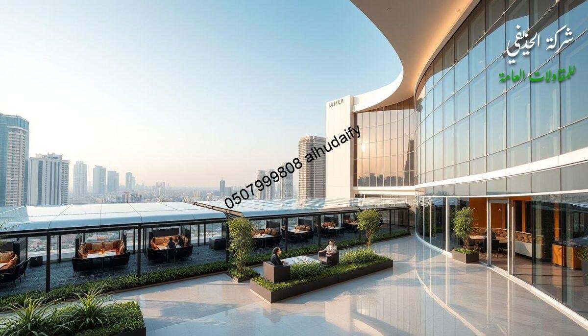 A sprawling commercial complex with sleek, modern glass-enclosed exterior lounges and meeting rooms set against the backdrop of the Eastern Province's vibrant cityscape. Crisp, clean lines and a palette of warm neutrals and reflective surfaces evoke a sophisticated, high-end aesthetic. Abundant natural light filters through the large, energy-efficient windows, creating a bright, airy atmosphere. Carefully landscaped greenery and strategically placed lighting fixtures seamlessly integrate the interior and exterior spaces. This cutting-edge development showcases the latest innovations in commercial architecture, exemplifying the region's commitment to progress and growth.