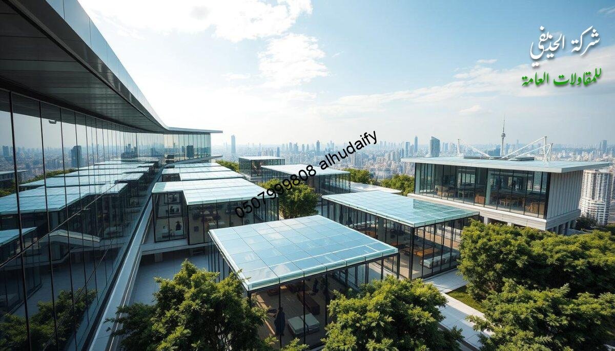 A sprawling complex of sleek, contemporary glass structures rises against the backdrop of a vibrant cityscape. Modernist pavilions with clean lines and vast expanses of gleaming, frameless glass panels create an atmosphere of refined elegance. The structures are strategically positioned to capture abundant natural light, which filters through the transparent facades, casting a warm, ethereal glow. Geometric patterns and striking angles intersect, forming a harmonious symphony of architectural design. The surroundings are lush with verdant foliage, complementing the glass-and-steel structures with a touch of natural serenity. This is a showcase of the latest in outdoor living spaces, blending state-of-the-art engineering with a visually captivating aesthetic.