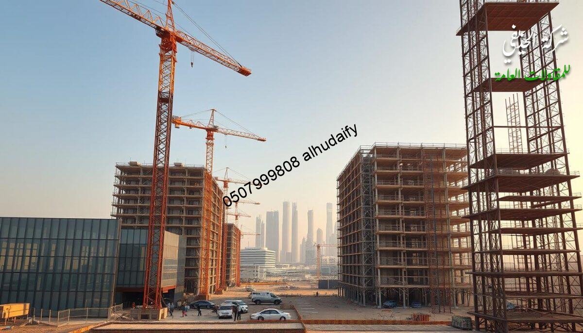 A sprawling construction site comes into view, with towering cranes and workers busily erecting a series of gleaming modern structures. The foreground features large glass panels and insulated sandwich walls, while the middle ground showcases the intricate framework of the buildings. In the background, the distinctive skyline of Dammam rises, bathed in warm, golden light. The scene exudes a sense of progress and innovation, reflecting the latest advancements in regional construction techniques.