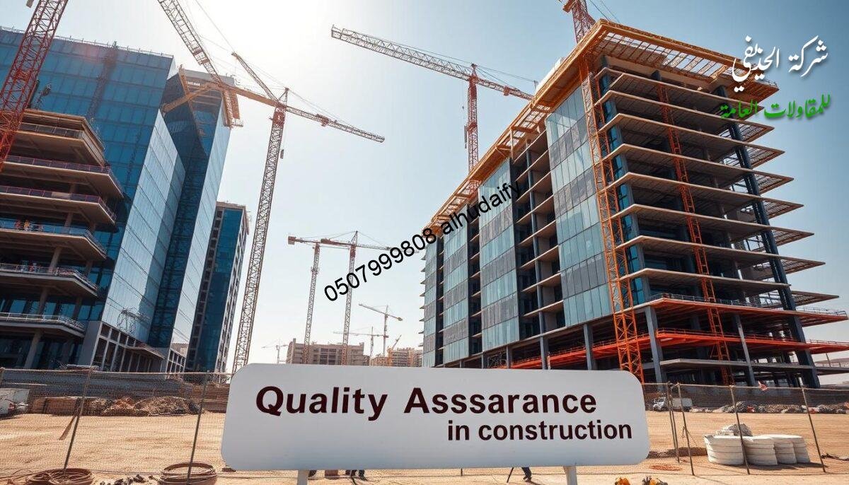 A sprawling construction site in Dammam, Saudi Arabia. Towering cranes oversee the erection of a grand, modern building with sleek glass facades and seamless steel framing. The site is bustling with activity as skilled workers meticulously assemble insulated sandwich panels, crafting walls and roofs that promise exceptional thermal performance and longevity. Sunlight streams in, illuminating the meticulously planned layout and attention to detail that defines this project. In the foreground, a signage board prominently displays the words "Quality Assurance in Construction," underscoring the unwavering commitment to excellence that drives this ambitious endeavor.