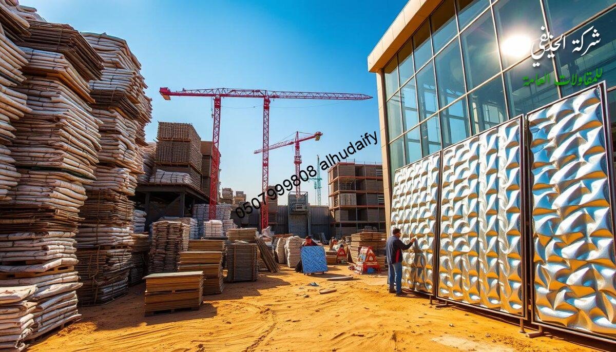 A sprawling construction site in Dammam, Saudi Arabia. Towering stacks of metal and concrete materials - steel rods, cement bags, insulation panels - await assembly into new structures. Bright sunlight filters through the glass walls of a partially completed annexe, casting warm shadows on the sand-colored pavement. Nearby, workers carefully measure and cut shimmering sandwich panels, their metallic surfaces reflecting the azure sky. The scene exudes an atmosphere of industrious progress, as this modern building project takes shape amidst the region's arid landscape.