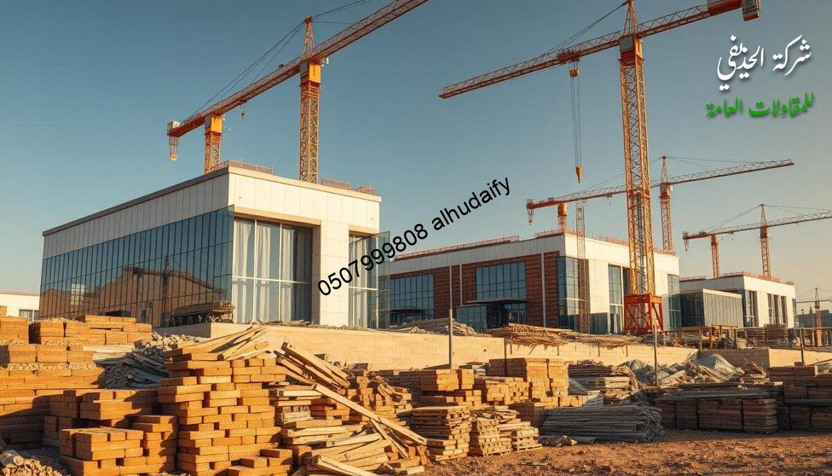 A sprawling construction site in Dammam, where modern glass rooms and annexes rise, their walls and roofs adorned with sleek, insulated sandwich panels. In the foreground, piles of raw materials - bricks, cement, steel beams, and glass sheets - await their transformation into sturdy, energy-efficient structures. The scene is bathed in warm, natural light, casting long shadows that accentuate the geometric patterns of the building components. Cranes tower overhead, their mechanical arms gracefully maneuvering the materials into place, a symphony of progress and industry. This is the heart of the infrastructure contractor's domain, where the building blocks of progress take shape with precision and care.