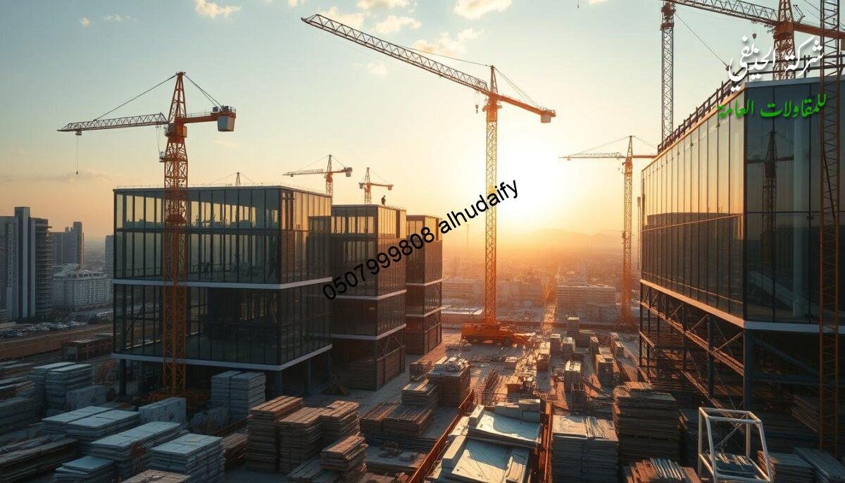 A sprawling construction site teeming with activity, where modern glass-enclosed annexes and insulated sandwich panel walls rise against the backdrop of a bustling city. Cranes sway overhead, casting dynamic shadows as workers in hardhats expertly assemble the intricate structural frames. The sun's warm glow filters through the sleek glass, illuminating the pristine facades and creating a sense of openness and sophistication. In the foreground, piles of building materials and specialized machinery hint at the precision and efficiency of the ongoing project. The scene exudes a palpable energy, capturing the essence of a comprehensive, well-executed construction endeavor.