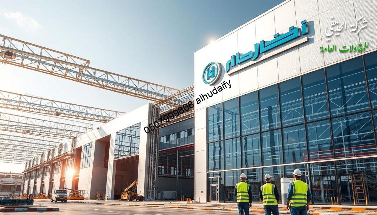 A sprawling industrial complex in Dammam, Saudi Arabia, with gleaming metallic structures housing state-of-the-art warehouses and workshops. The Hadhaifi Company's logo proudly displayed on a sleek, modern facade. Sunlight filters through the tempered glass panels, casting a warm glow over the precision-engineered frames and meticulously designed spaces. In the foreground, workers in high-visibility vests oversee the construction process, their attention to detail evident in every weld and rivet. The scene evokes a sense of technological prowess, efficiency, and a commitment to quality that defines the Hadhaifi brand.