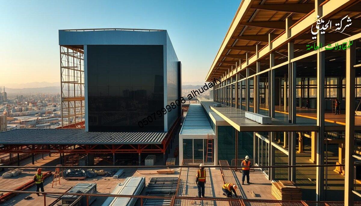 A sprawling industrial complex with gleaming steel and glass structures, bathed in warm afternoon light. In the foreground, workers in safety gear meticulously assemble insulated sandwich panels, constructing modern annexes and glass rooms. The middle ground features expertly engineered roofing systems, blending seamlessly with the sleek architectural design. In the background, the bustling city of Dammam provides an urban backdrop, highlighting the company's commitment to integrated infrastructure solutions. Crisp shadows and reflective surfaces convey a sense of precision and professionalism, capturing the essence of "الحذيفي's" reliable construction services.
