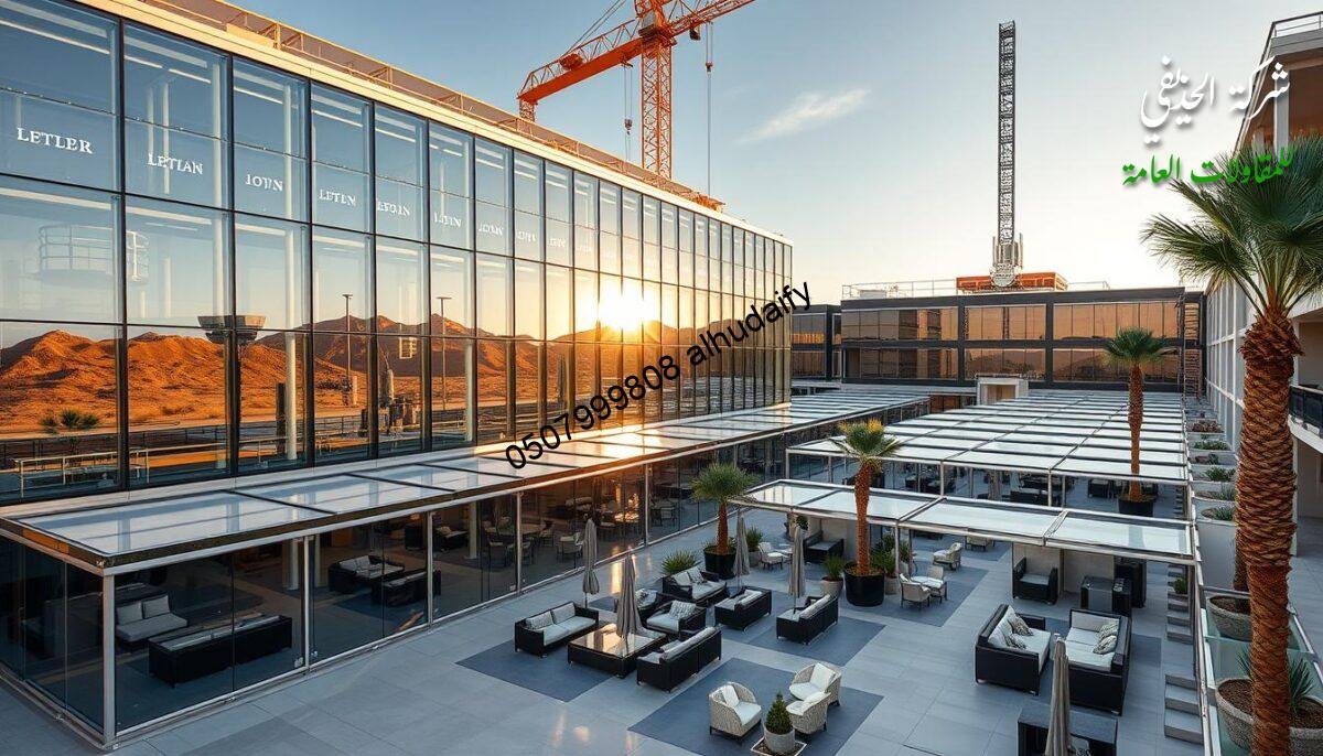 A sprawling modern commercial complex with sleek glass-enclosed outdoor lounges and chambers. The façade features seamless panels of insulated sandwich material, reflecting the warm desert light. Intricate Quality Assurance systems oversee the build, ensuring precision and attention to detail. Robust execution safeguards and stringent quality control processes instill confidence in the meticulous construction. The overall ambiance conveys a sense of cutting-edge design, exceptional craftsmanship, and unwavering commitment to excellence.