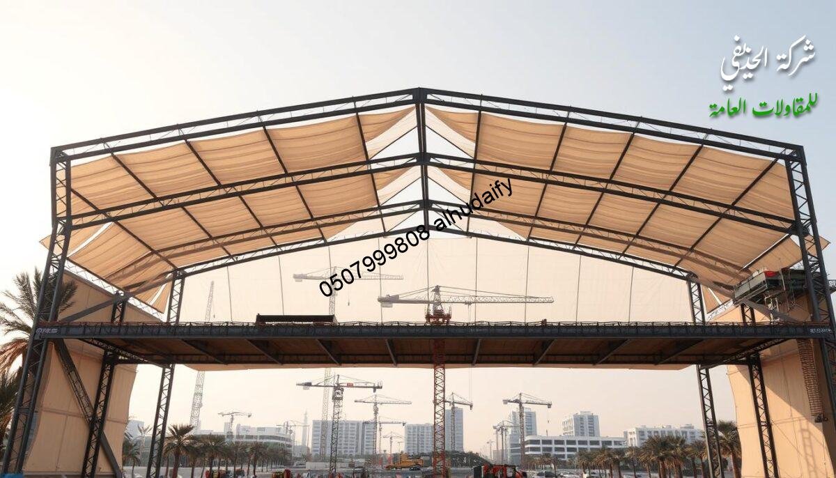A sprawling modern construction site nestled in the heart of Eastern Saudi Arabia, showcasing the latest techniques and materials. In the foreground, an intricate steel frame rises, supporting the skeletal structure of a grand outdoor glass enclosure. Sleek sandwich panels in neutral tones form the insulated walls and ceiling, casting a warm glow under the soft, diffused sunlight. Cranes and scaffolding loom in the middle ground, their geometric silhouettes contrasting with the organic shapes of the surrounding palm trees. In the distance, a series of newly erected buildings stand tall, their clean lines and precision engineering a testament to the Alhuthayfi General Contracting Company's commitment to quality and craftsmanship.