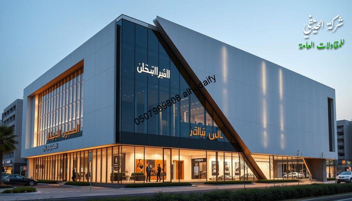 A striking and contemporary commercial building with a sleek, minimalist exterior. The structure features expansive glass panels and insulated sandwich panel walls, creating a harmonious blend of transparency and thermal efficiency. The façade is adorned with the company's name "شركة الحذيفي للبناء والتشطيب" in elegant Arabic calligraphy. The building is situated in a bustling urban setting, with a well-manicured landscaped area in the foreground. Warm, directional lighting accentuates the clean lines and angular design, evoking a sense of professionalism and attention to detail that reflects the company's expertise in renovation and finishing services.