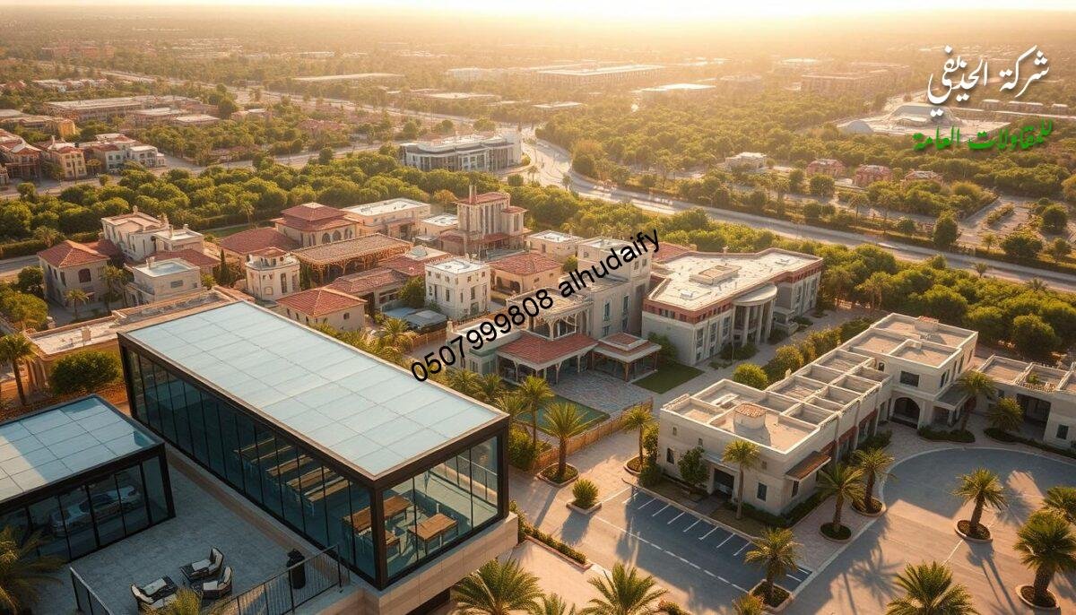 A stunning aerial view of the bustling "مشاريع الشرقية" showcasing the region's architectural prowess. In the foreground, modern glass-enclosed outdoor living spaces with insulated sandwich panel walls and ceilings stand as testament to the region's innovative construction techniques. The middle ground features a mix of residential and commercial structures, each with a harmonious blend of traditional and contemporary design elements. The background is dominated by lush greenery, adding a serene contrast to the dynamic urban landscape. Warm, golden lighting bathes the entire scene, evoking a sense of vibrancy and prosperity. The composition captures the perfect balance between progress and preservation, highlighting the Sharqiya region's commitment to sustainable development.