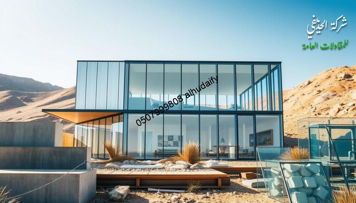 A stunning glass and steel structure rises, its facade a symphony of clean lines and seamless panels. The walls, crafted from insulated sandwich panels, gleam in the warm desert light, offering superior thermal performance. The roof, a harmonious blend of glass and metal, filters the sunlight, creating a luminous, inviting atmosphere. In the foreground, various building materials - concrete, steel beams, and sleek glass panels - stand as testament to the modern, high-performance construction techniques employed. The scene evokes a sense of architectural elegance and innovation, perfectly suited for the luxurious glass room design featured in the article.