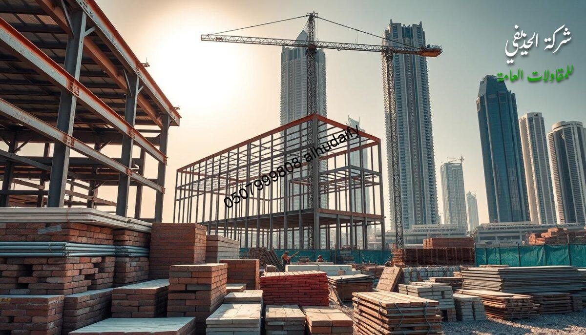 A sun-drenched construction site in Dammam, Saudi Arabia. In the foreground, an array of building materials - steel girders, bricks, concrete blocks, and insulated sandwich panels. In the middle ground, workers assemble the frame of a glass-enclosed annex, their movements precise and measured. The background features the silhouettes of towering skyscrapers, their reflective facades gleaming in the warm Arabian light. The overall scene conveys a sense of progress and modernity, the materials and techniques used to transform the urban landscape. A wide-angle lens captures the scope of the construction, while soft, diffused lighting accentuates the textures and shadows, creating a sense of depth and atmosphere.