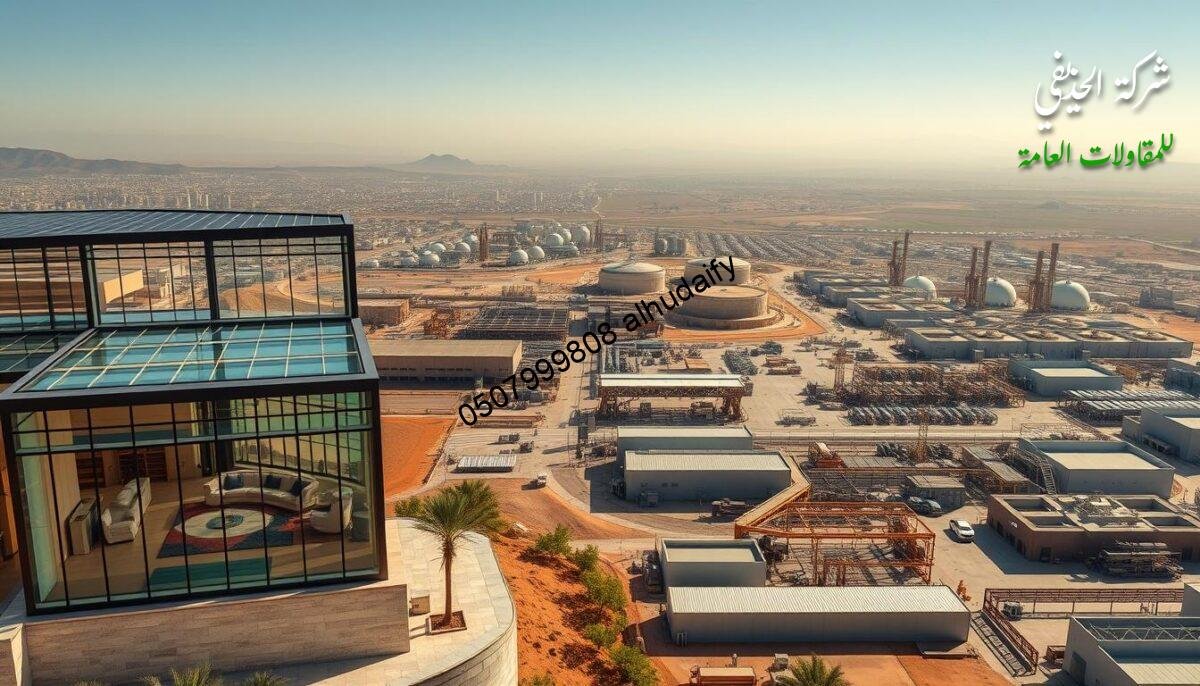 A sweeping panorama of the Eastern Province in Saudi Arabia, showcasing the diverse industrial landscapes where cutting-edge metal structures are crafted. In the foreground, modern glass-enclosed outdoor living spaces stand tall, their sleek sandwich panel walls and ceilings blending seamlessly with the surrounding architecture. The middle ground reveals bustling workshops and factories, their metalworking machinery humming with precision. In the background, a tapestry of rolling hills and distant cityscapes creates a vibrant, dynamic setting. Warm, diffused lighting casts a soft glow, highlighting the region's technological prowess and the Alhudaithy Company's innovative solutions for the built environment. A sweeping panorama of the Eastern Province in Saudi Arabia, showcasing the diverse industrial landscapes where cutting-edge metal structures are crafted. In the foreground, modern glass-enclosed outdoor living spaces stand tall, their sleek sandwich panel walls and ceilings blending seamlessly with the surrounding architecture. The middle ground reveals bustling workshops and factories, their metalworking machinery humming with precision. In the background, a tapestry of rolling hills and distant cityscapes creates a vibrant, dynamic setting. Warm, diffused lighting casts a soft glow, highlighting the region's technological prowess and the Alhudaithy Company's innovative solutions for the built environment.