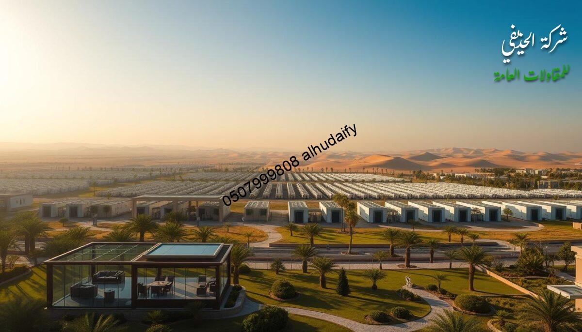 A sweeping vista of the Eastern Region of Saudi Arabia, bathed in warm, golden light. In the foreground, modern glass-enclosed gazebos and outdoor living spaces stand amidst lush, manicured landscaping. The middle ground reveals neatly arranged rows of Sandwich panel-clad structures, their sleek, insulated walls reflecting the sunlight. In the distance, the horizon is dotted with the silhouettes of palm trees and undulating sand dunes, creating a serene, desert-inspired atmosphere. The entire scene exudes a sense of sophisticated, contemporary design seamlessly integrated into the region's natural beauty.