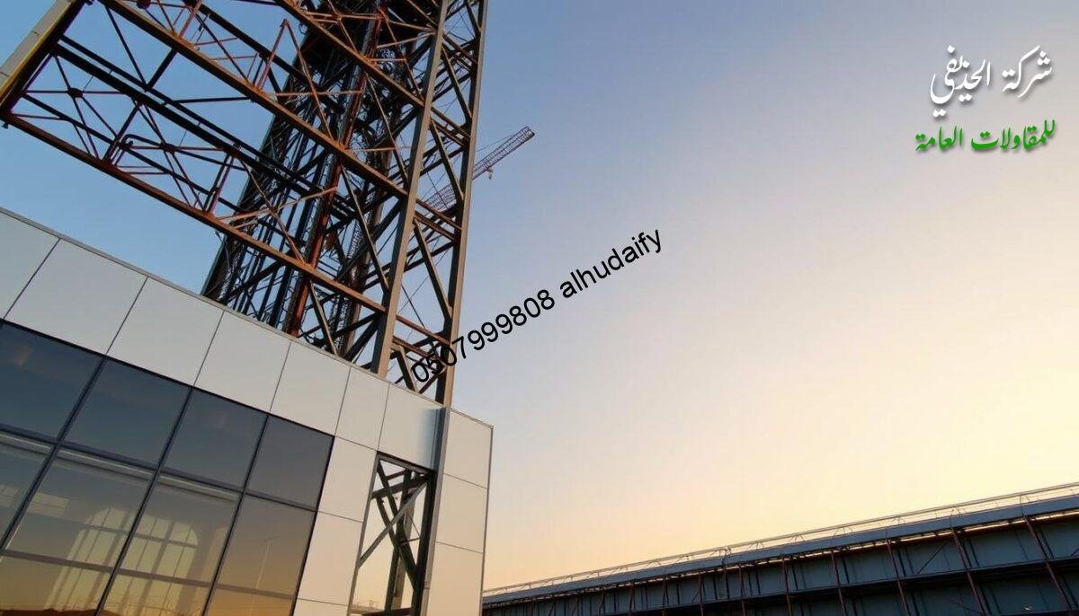 A towering metal frame stands tall, its intricate lattice of steel beams and supports forming the backbone of a modern architectural masterpiece. In the foreground, gleaming aluminum panels and tempered glass panels reflect the warm glow of the setting sun, while in the background, a seamless integration of insulated sandwich panels create a sleek, energy-efficient envelope. Precise, clean lines and a meticulously engineered structure convey a sense of strength, durability, and technological innovation, perfectly capturing the essence of contemporary metal construction in the Kingdom of Saudi Arabia. A towering metal frame stands tall, its intricate lattice of steel beams and supports forming the backbone of a modern architectural masterpiece. In the foreground, gleaming aluminum panels and tempered glass panels reflect the warm glow of the setting sun, while in the background, a seamless integration of insulated sandwich panels create a sleek, energy-efficient envelope. Precise, clean lines and a meticulously engineered structure convey a sense of strength, durability, and technological innovation, perfectly capturing the essence of contemporary metal construction in the Kingdom of Saudi Arabia.