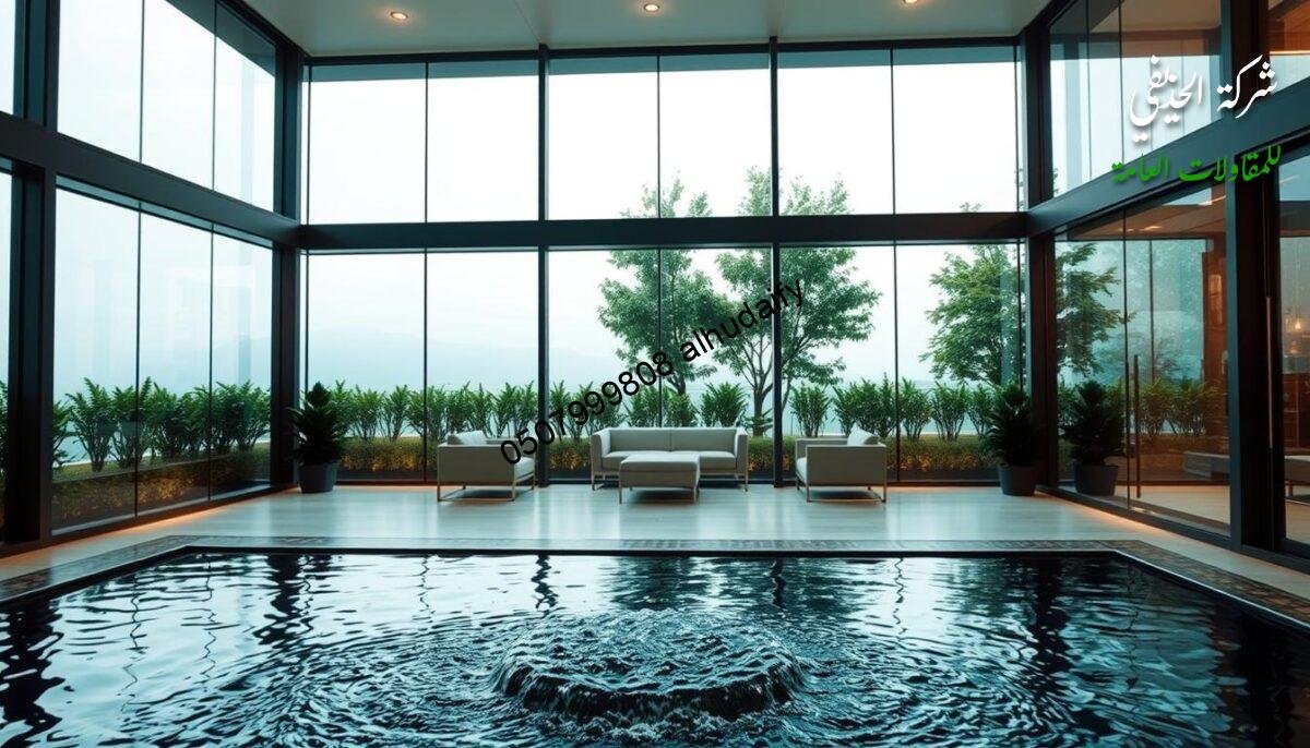 A tranquil glass-enclosed atrium with sleek, minimalist architectural elements. Warm, diffused lighting casts a soft, inviting glow over the space, highlighting the clean lines and seamless integration of the glass walls. The foreground features a serene water feature, its gentle flow creating a calming ambiance. In the middle ground, modern furniture pieces in neutral tones complement the overall aesthetic, while the background showcases lush greenery, blending the indoor and outdoor spaces harmoniously. A sense of security and assurance pervades the scene, reflecting the "ضمانات التنفيذ" concept.