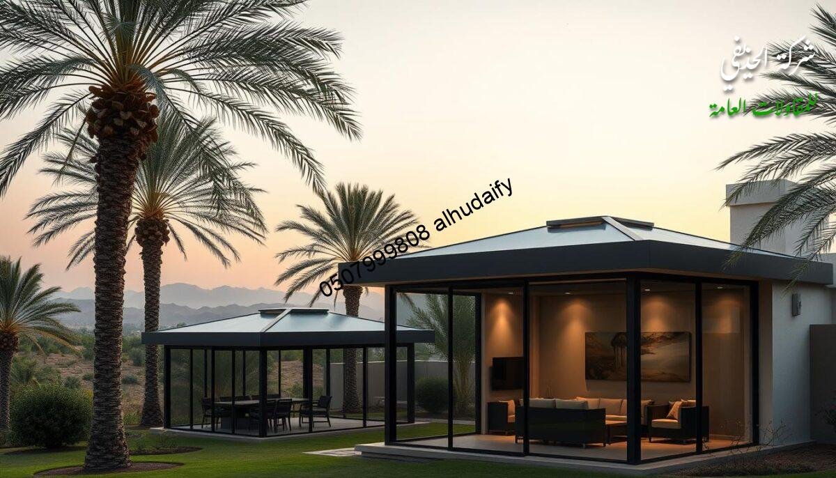 A tranquil scene of modern, glass-enclosed outdoor living spaces nestled within the diverse landscapes of Eastern Saudi Arabia. Towering palm trees sway gently in the warm breeze, casting delicate shadows across the sleek, insulated sandwich panel walls and ceilings of expertly crafted gazebos and patio enclosures. Soft, diffused lighting emanates from concealed fixtures, creating a serene, inviting ambiance perfect for year-round gatherings. In the distance, rolling hills and lush greenery paint a picturesque backdrop, showcasing the region's natural beauty seamlessly integrated with these sophisticated, functional extensions of the home.