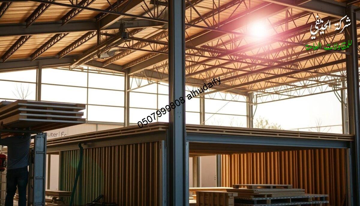 A well-crafted sandwich panel structure, showcasing precise engineering techniques. The foreground depicts the intricate assembly process, with workers meticulously aligning the panels and securing the joints. The middle ground reveals the robust framework, highlighting the panel's superior strength and durability. In the background, natural lighting floods the scene, casting warm shadows that accentuate the sleek, modern aesthetic. The overall atmosphere conveys a sense of efficiency, precision, and the harmonious integration of form and function - qualities that embody the engineering principles behind this versatile building material.