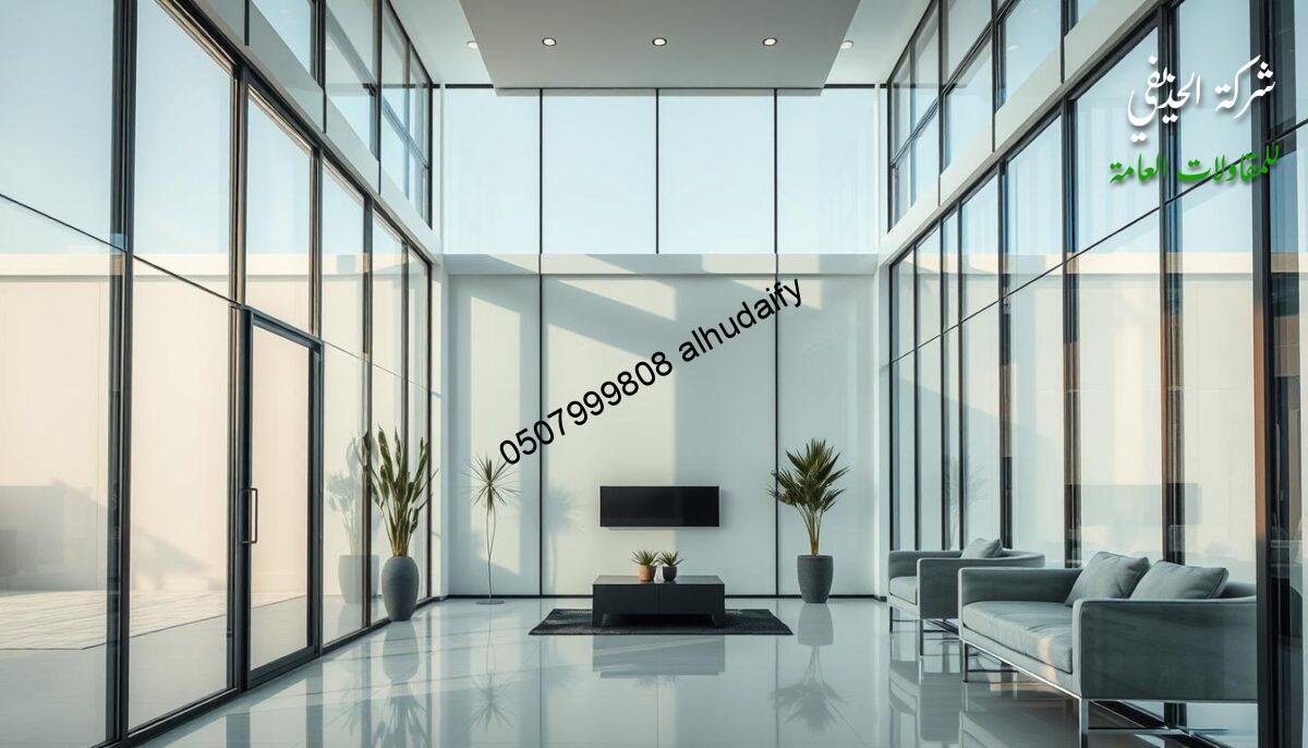 A well-designed interior construction project in Dammam, featuring modern glass rooms and annexes with insulated sandwich panel walls and roofs. Abundant natural light streams through the expansive glass panels, illuminating the clean, minimalist lines and sleek finishes. Carefully curated materials and attention to detail create a harmonious, high-quality aesthetic. Skilled engineering principles are evident in the seamless integration of form and function, resulting in a visually striking yet practical space. Subtle accent lighting enhances the sense of depth and volume, while strategic placement of reflective surfaces amplifies the airy, open atmosphere. An exemplary demonstration of how thoughtful engineering can elevate the everyday into a remarkable, elevated living experience.