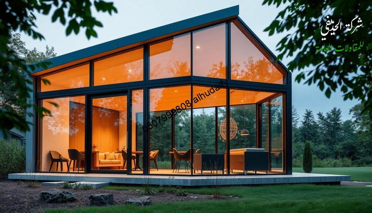 A well-designed modern exterior glass room and lounge with insulated sandwich panel walls and ceilings, situated in a lush green landscape. The structure showcases sleek lines, large glass panels, and harmonious integration with the surrounding environment. Warm, natural lighting filters through the glazing, creating a cozy and inviting ambiance. The scene conveys a sense of seamless transition between indoor and outdoor spaces, highlighting the craftsmanship and attention to detail in the construction process. Precise architectural elements, such as the carefully placed structural supports and the seamless integration of the glass panels, are evident.