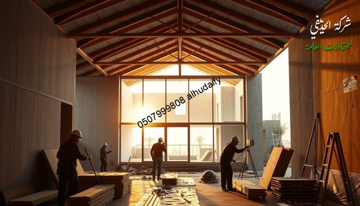 A well-lit architectural scene showcasing the installation of insulated sandwich panel walls and roofs. The foreground features a team of skilled workers assembling the panels with precision, their tools and equipment neatly organized. The middle ground depicts the partially constructed glass-walled annex, its modern design complementing the traditional villa in the background. Warm natural light filters through the glass, creating a welcoming atmosphere. The overall composition highlights the seamless integration of these durable, energy-efficient building materials into the restoration project, emphasizing their role in revitalizing historic Dammam properties.