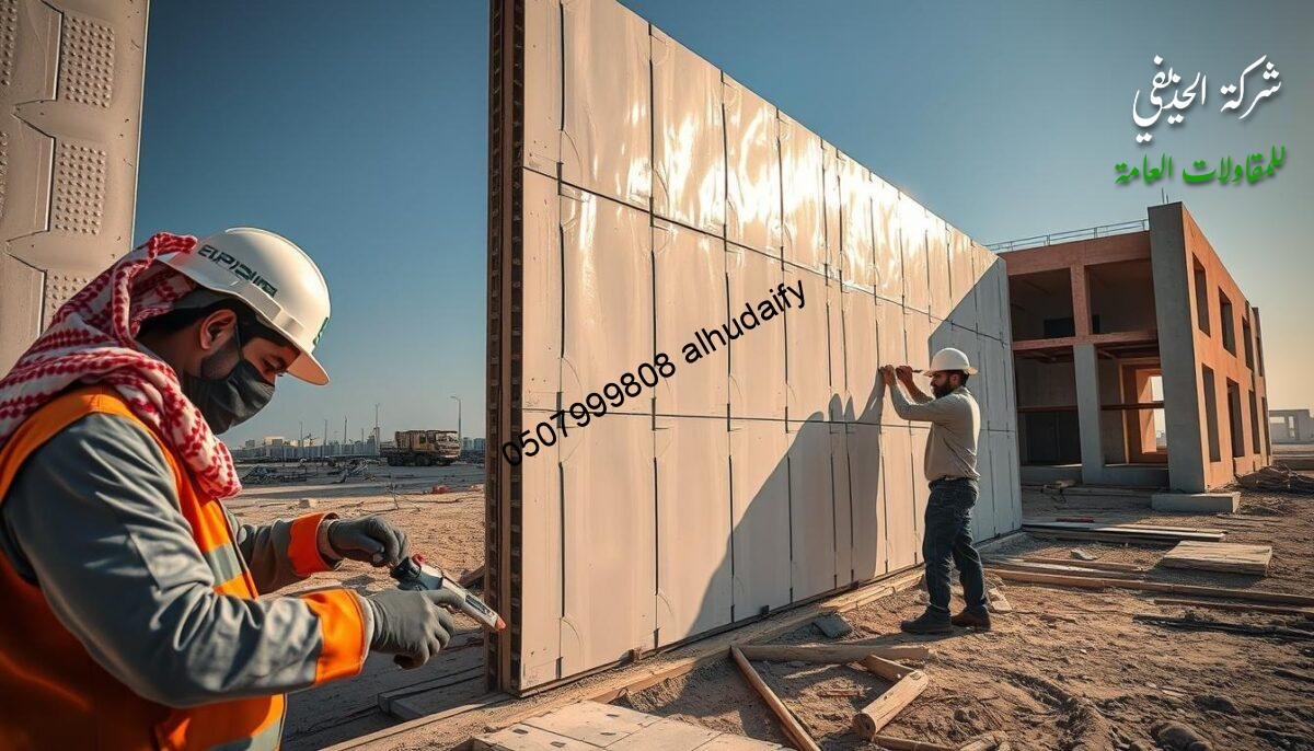 A well-lit construction site in Dammam, Saudi Arabia. Skilled workers meticulously assemble an insulated sandwich panel wall, creating a robust and energy-efficient structure. The panels interlock seamlessly, forming a smooth, uniform surface that glistens under the warm sunlight. In the foreground, a technician carefully measures and cuts the panels to size, ensuring a precise fit. In the middle ground, another worker secures the panels to the frame using specialized tools, their movements efficient and practiced. In the background, the partially completed building takes shape, its modern design complemented by the clean lines of the sandwich panel system. The scene conveys a sense of professionalism and attention to detail, capturing the expertise of the Alhudaithy Company in providing high-quality sandwich panel solutions.