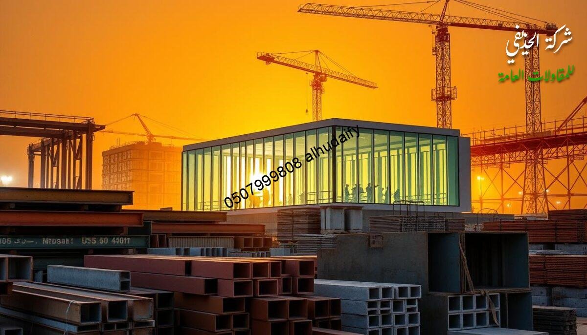 A well-lit construction site in Dammam, showcasing an array of building materials. In the foreground, an assortment of steel beams, concrete blocks, and insulated sandwich panels in various hues. The middle ground features workers assembling a sleek, glass-enclosed annex, its walls and roof reflecting the warm, golden light. In the background, the silhouettes of cranes and scaffolding tower, creating a sense of scale and progress. The atmosphere is one of productivity and innovation, capturing the essence of contemporary commercial construction.
