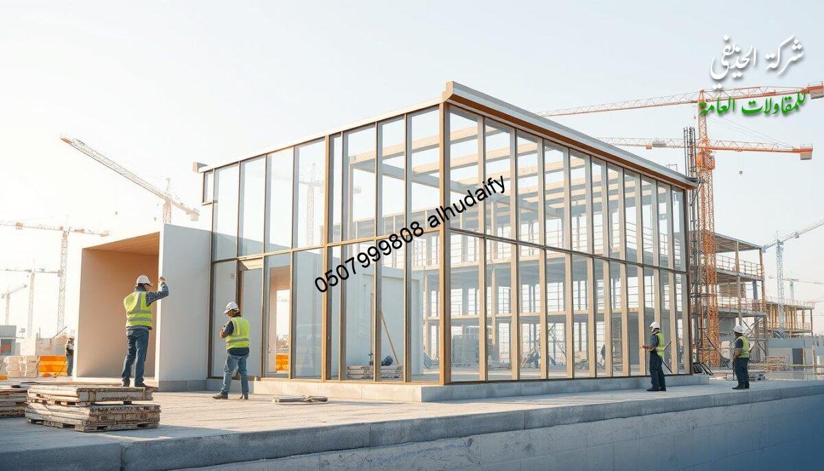 A well-lit, detailed architectural illustration showcasing the step-by-step construction process of a modern glass and panel annexe in Dammam. The foreground depicts workers skillfully assembling the insulated sandwich panel walls and roof, utilizing precise tools and techniques. In the middle ground, the frame of the structure takes shape, with glass panels being carefully installed. The background features the bustling construction site, with cranes, scaffolding, and additional workers coordinating the efficient execution of this innovative design. The scene conveys a sense of precision, progress, and the professional expertise required to deliver a high-quality, contemporary building project.