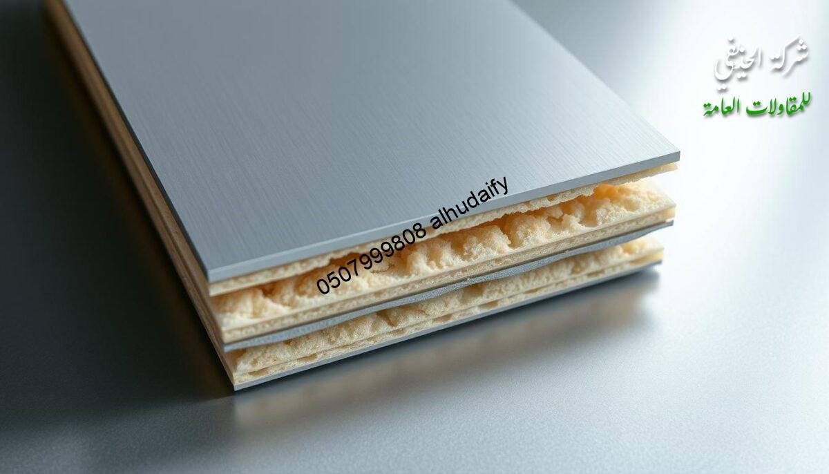 A well-lit, detailed close-up shot of a modern, high-quality sandwich panel used in construction. The panel features a sleek, seamless surface with a subtle metallic sheen, showcasing its durable and weatherproof properties. The layered composition is clearly visible, highlighting the insulating core sandwiched between sturdy outer skins. The lighting accentuates the panel's depth and texture, creating a sense of premium quality and sophisticated design. The image should convey the panel's versatility and suitability for creating elegant, energy-efficient structures.