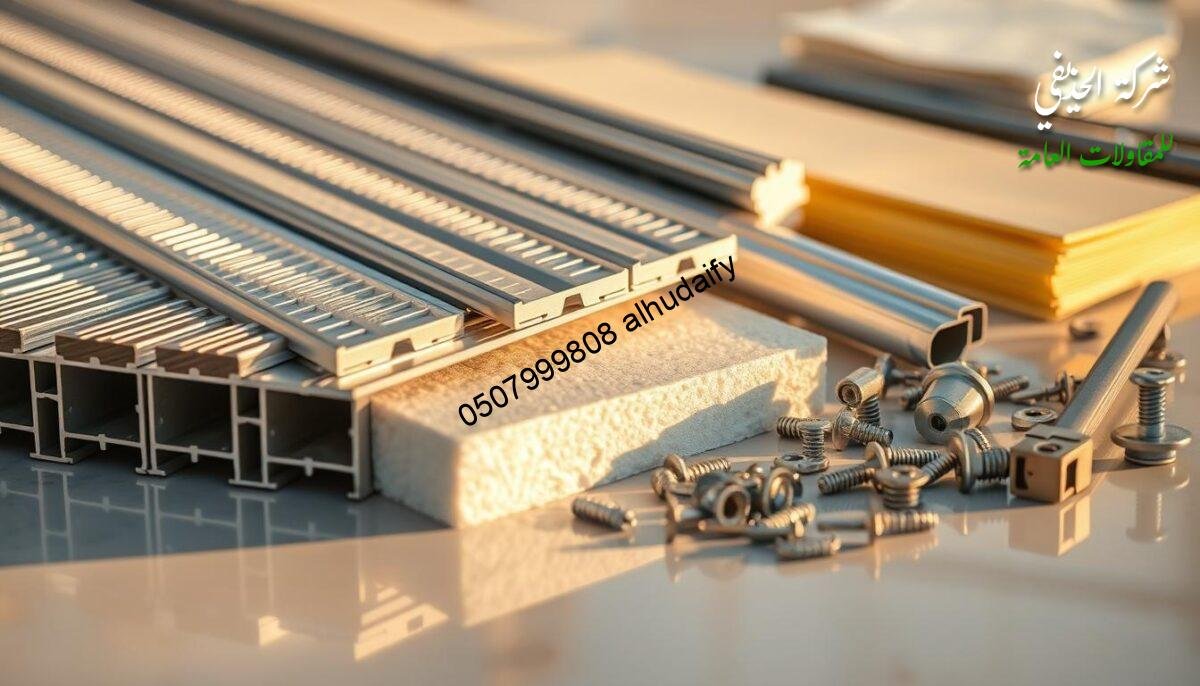 A well-lit, high-resolution close-up photograph of construction materials used in sandwich panel building - rows of metallic profiles, sheets of insulation foam, fasteners, sealants, and other components laid out on a clean, reflective surface. The image showcases the layered structure and durable, lightweight nature of these materials, emphasizing their technical qualities and suitability for modern architecture. Warm lighting from the side creates dynamic shadows and highlights the textures, while a shallow depth of field blurs the background, keeping the focus on the key building elements.