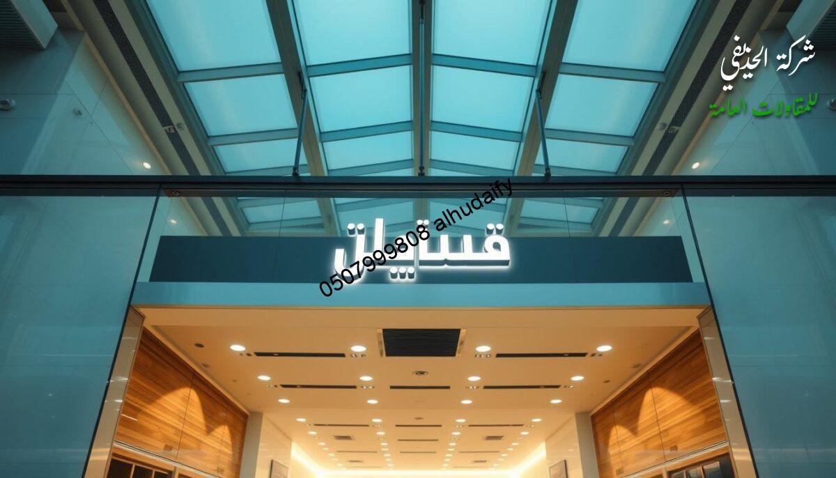 A well-lit, minimalist glass-enclosed commercial space with a high ceiling and expansive views. The focal point is a prominent sign reading "ضمان الجودة" in a modern, crisp Arabic typeface. The interior features sleek, clean lines, with a mix of warm wood and cool metallic accents. Soft, diffused lighting illuminates the space, creating a sense of quality and refinement. The overall atmosphere conveys a professional, trustworthy ambiance, suitable for a high-end retail or service establishment.