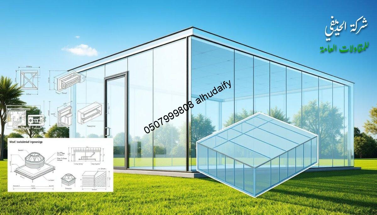An architectural illustration of useful engineering tips for designing modern glass rooms in Dammam. A sunlit exterior view showcases a sleek, contemporary glass structure with insulated sandwich panel walls and roof, creating a seamless blend of transparency and thermal efficiency. The foreground features technical diagrams and sketches highlighting structural details, material specifications, and energy-saving features. The middle ground displays a 3D isometric rendering of the glass room's elegant form and clean lines. The background depicts a lush, verdant landscape, emphasizing the structure's harmonious integration with its natural surroundings. The overall scene conveys a sense of innovation, functionality, and environmental sensitivity in modern glass room design.