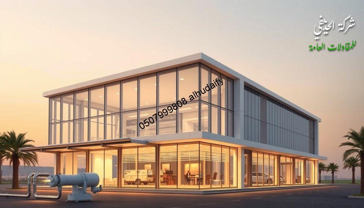 An architectural rendering of a modern commercial building in Dammam, Saudi Arabia. The structure features a sleek, minimalist design with glass walls and an insulated sandwich panel roof system. The building is set against a soft, atmospheric background, with warm lighting accentuating the clean lines and materials. The foreground showcases various engineering design elements, such as structural supports, ventilation systems, and integrated lighting fixtures, all working together to create an efficient and visually appealing commercial space. The overall mood is one of sophistication, practicality, and attention to detail - embodying the "useful engineering tips" that would be highlighted in the article's corresponding section.