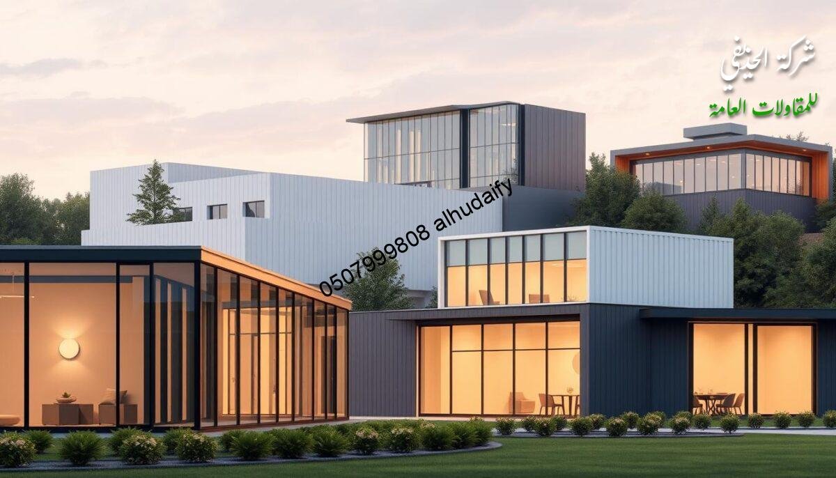 An architectural rendering of a series of modern building projects featuring sandwich panel construction techniques. In the foreground, sleek glass-walled annexes with clean lines and minimalist aesthetic. Midground showcases varied sandwich panel wall and roof assemblies, demonstrating versatility in material and design. Bathed in warm, diffused lighting that accentuates the interplay of glass, metal, and insulation. The background features verdant landscaping, hinting at the harmonious integration of these structures within their environments. Captured with a wide-angle lens to convey a sense of scale and grandeur. The overall mood is one of innovation, efficiency, and elegant functionality.