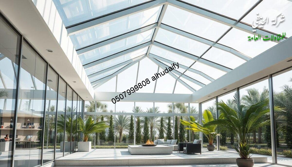 An architecturally-sophisticated glass conservatory, featuring sleek, modern design with isolated sandwich panel walls and ceilings. Abundant natural light filters in through the expansive, panoramic glass facade, creating a bright, airy ambiance. Carefully-curated details, such as clean lines, minimalist metallic accents, and a seamless integration with the surrounding landscape, evoke a sense of elegant functionality. The structure's engineering exudes precision, with a focus on efficient, high-performance thermal and structural properties. This state-of-the-art outdoor living space embodies the pinnacle of contemporary Saudi Arabian architecture.