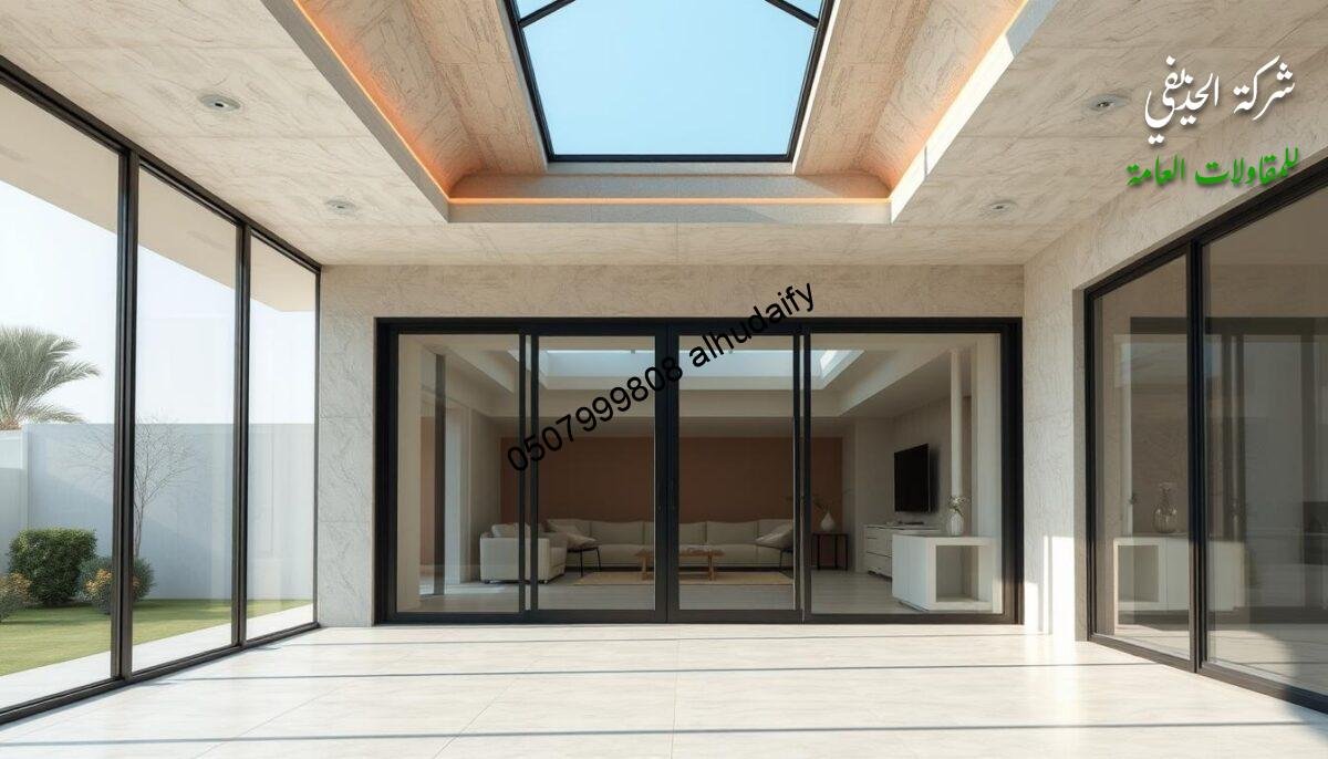 An elegant and modern exterior glass room with insulated sandwich panel walls and ceilings, showcasing the importance of insulation and quality craftsmanship. The sleek, minimalist design features floor-to-ceiling windows, allowing natural light to flood the space and blurring the lines between indoors and outdoors. The carefully selected materials, such as the high-performance insulation panels, ensure optimal thermal and acoustic comfort, creating a comfortable and energy-efficient environment. The image conveys a sense of tranquility and sophistication, highlighting the benefits of investing in quality construction and insulation for modern Saudi Arabian homes.