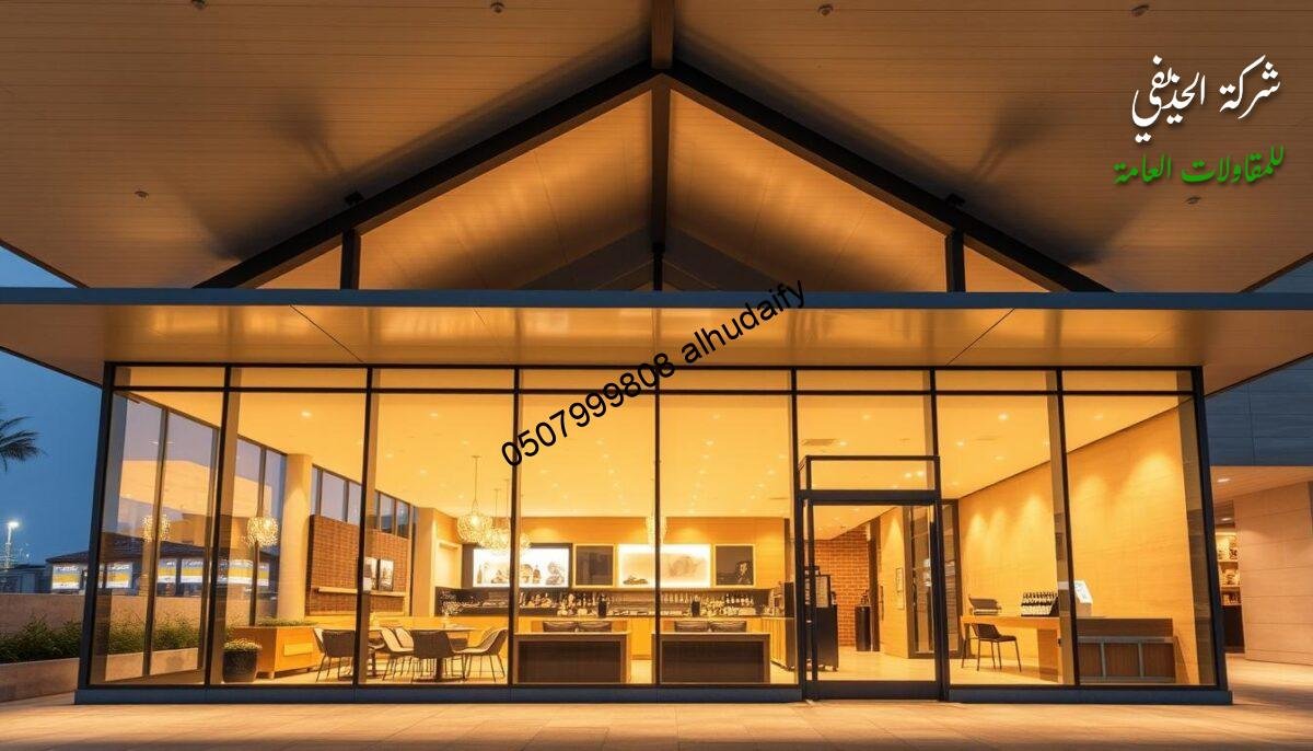 An elegant outdoor structure with expansive glass walls and a sleek, insulated sandwich panel roof, bathed in warm, diffused lighting. The annexe stands as a seamless extension of the main building, inviting customers to step into a bright, airy space that blends indoor and outdoor ambiance. Clean lines, modern materials, and thoughtful details create an atmosphere of sophistication and comfort, perfectly suited for a thriving commercial establishment in Dammam.