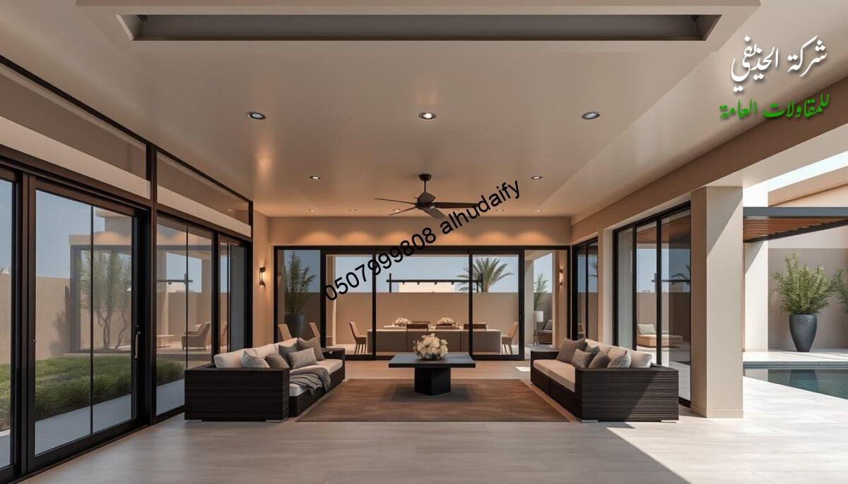 An expansive architectural showcase of contemporary outdoor living spaces, showcasing the latest projects executed by Alhudaiffy Contracting Company in the Eastern region of Saudi Arabia. A harmonious blend of modern glass enclosures, thermally insulated sandwich panel walls and ceilings, strategically positioned to capture the natural light and views of the surrounding landscape. Clean lines, minimalist aesthetics, and a serene, tranquil atmosphere evoke a sense of refined elegance. The image captures the seamless integration of these bespoke, high-quality structures within the residential context, highlighting the company's expertise in crafting exceptional, tailored outdoor living solutions.