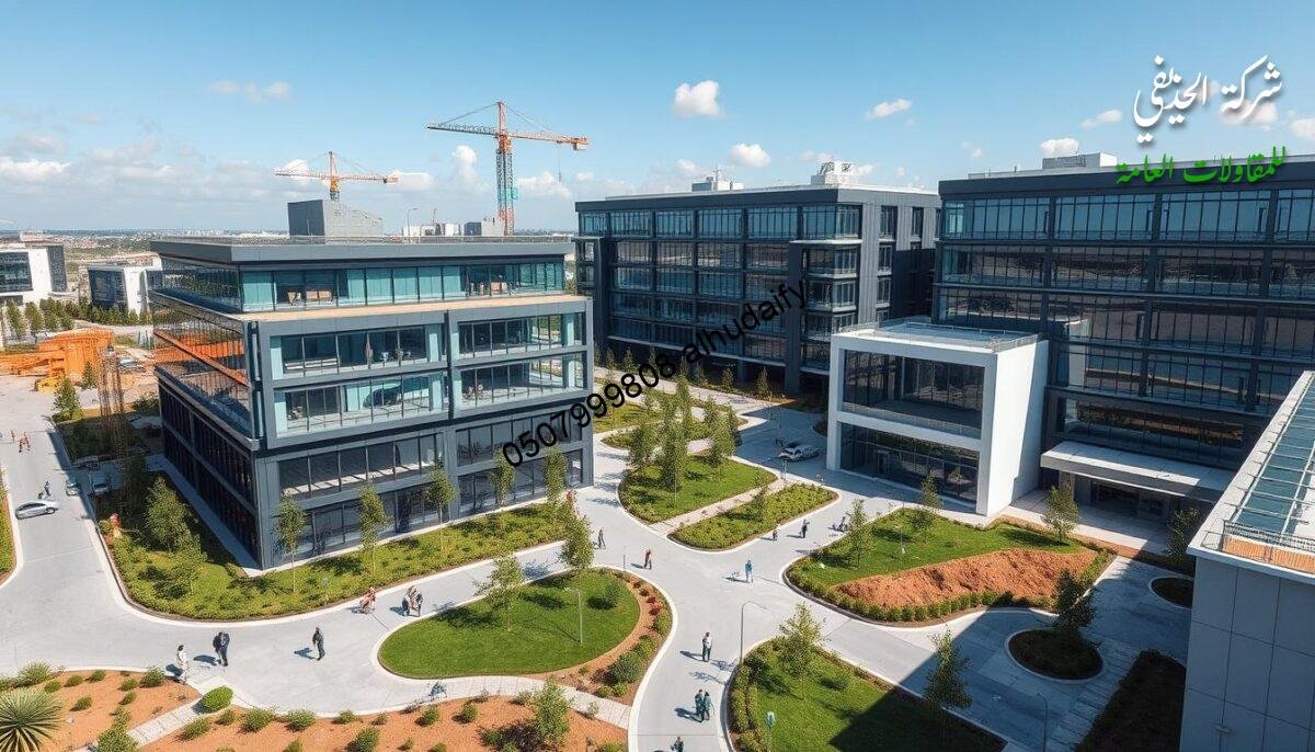 An expansive construction site, bustling with activity, featuring a series of modern, multi-story buildings with sleek, glass-enclosed annexes. The structures showcase a harmonious blend of steel frames, insulated sandwich panels, and floor-to-ceiling windows that flood the interiors with natural light. Carefully manicured landscapes surround the buildings, with lush greenery and well-paved pathways leading visitors through the meticulously designed project. A sense of architectural innovation and professional execution permeates the scene, capturing the essence of a successful corporate office development.